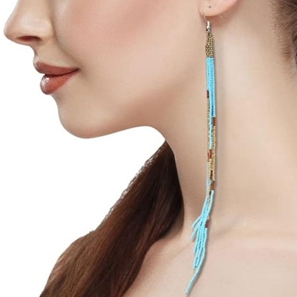 Long 9 Inch Turquoise Blue Bronze Beaded Tassel Earrings Aqua Dangle Statement - Picture 5 of 6